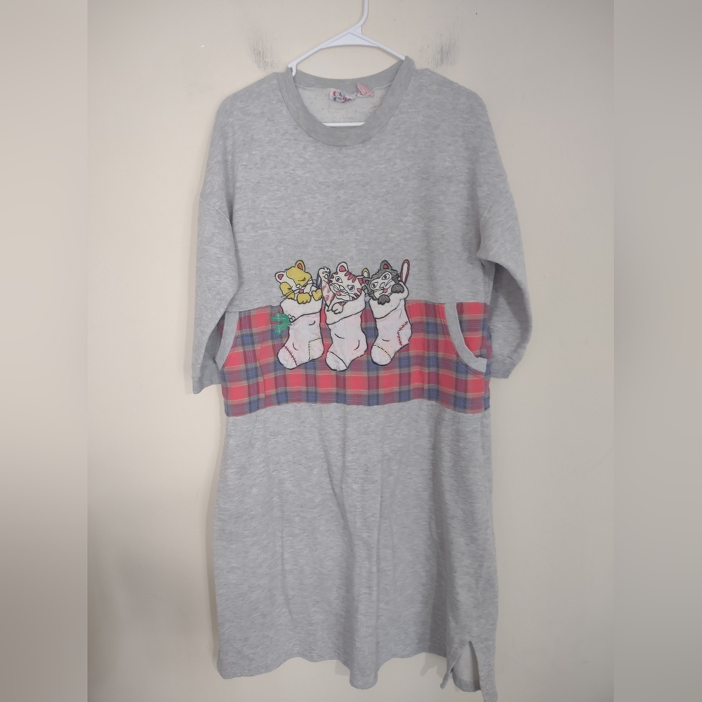 VTG 80s Comfy Club Christmas‎ Sleep Shirt Medium Cat Print Cozy Lounge